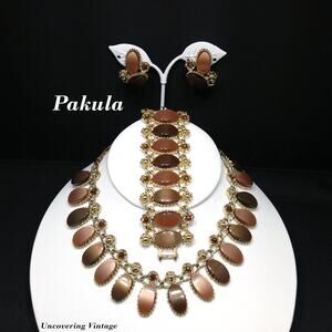 Vintage Pakula Moonglow Lucite Necklace Bracelet Earrings Set 1950s